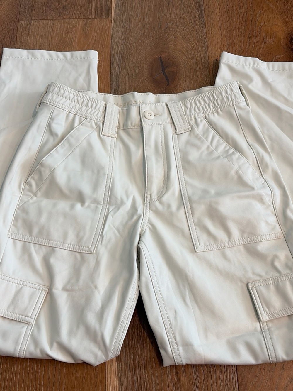 American Eagle Outfitters Cream Straight-Leg Leather Cargo Pants